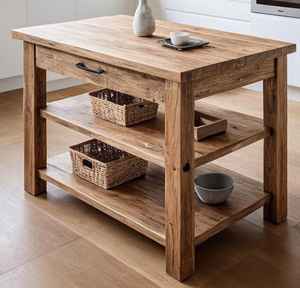 โต๊ะครัวไม้เนื้อแข็งพรีเมียมพร้อมลิ้นชักเก็บของและชั้นวางแบบเปิดสองชั้น สไตล์ฟาร์มเฮาส์ แข็งแรงทนทาน ตกแต่งห้องครัว - Product Image 4