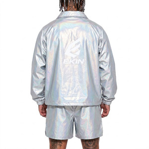 Custom Logo Metallic <b>Silver</b> Reflective Waterproof Casual 2 Piece Tracksuit Windbreaker <b>Jacket</b> Shorts Set for Men Women Wholesale - Product Image 2