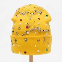 Bonnet en tricot rose avec strass et broderie 3D, style punk, pour adultes, unisexe