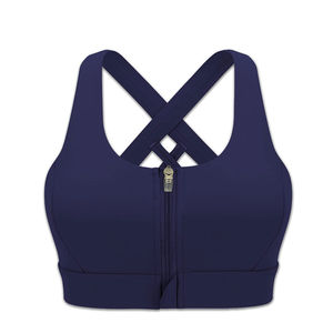 High Quality Custom Women's Navy <b>Blue</b> Sports <b>Bra</b> Racerback Zip Front High Support Yoga Workout Top - Product Image 1
