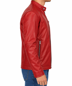 <b>Men's</b> <b>Red</b> PU <b>Leather</b> Moto <b>Jacket</b> Slim Fit Stand Collar Zipper Closure Biker Style Autumn Wear - Product Image 3