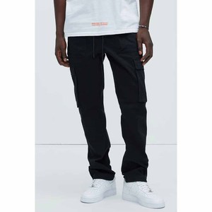 Pantalon cargo en coton noir, taille mi-haute, fermeture à cordon, coupe ample, longueur intégrale, couleur unie, style décontracté avec poches, idéal pour l'automne - Product Image 4