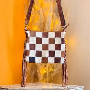 Brown & White Color Checkboard Pattern Hair On Hide Fur 100% Genuine Leather Crossbody Shoulder Sling <b>Long</b> Fringes <b>Bag</b> For Women - Product Image 3