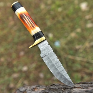 Cuchillo de caza hecho a mano de acero de Damasco con punta de gota, mango de hueso y micarta, funda de cuero, cuchillos plegables de supervivencia al por mayor - Product Image 1