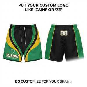 160 GSM Polyester/Nylon Taslon Windbreaker Shorts Black <b>Green</b> Yellow Curved Panels Drawstring Closure <b>Silk</b> Screen Printed Men's - Product Image 1