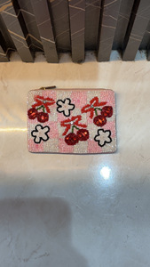 Pink <b>White</b> Beaded Pearl Fabric Clutch Purse With Raised Applique Decoration And Zipper Closure For <b>Women</b> Sculptures Decorative - Product Image 4