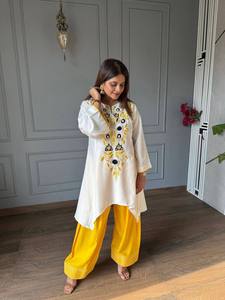 Indian Pakistani Cotton Set Batwing Sleeve Sun Protection <b>Kurta</b> Palazzo Pants Floral Chestwear Outfit for <b>Women</b> - Product Image 3