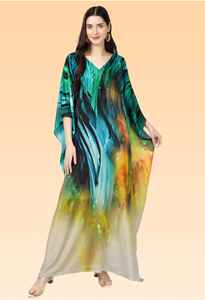 Robe kaftan courte pour femme – Bleu pastel avec imprimé floral abstrait coloré, coupe ample, style tunique. - Product Image 2