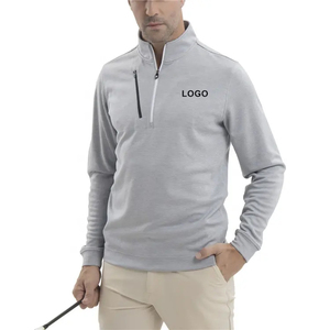 Pull de golf pour homme gris clair à col zippé, manches longues, couleur unie, respirant, tricoté, avec logo frontal, style décontracté - Product Image 1
