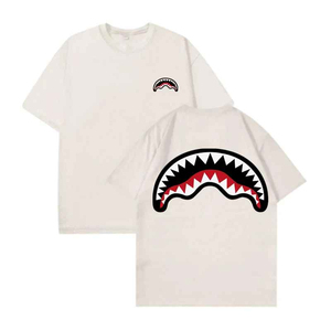 เสื้อยืดคอกลมทรงหลวม ยูนิเซ็กซ์ ผ้าฝ้ายถัก 100% ลุคทำเก่า ดีไซน์ปากฉลาม สไตล์สตรีทแวร์สำหรับผู้ชาย - Product Image 2