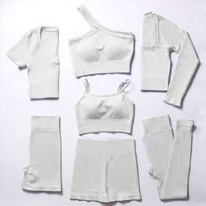 Conjunto de Yoga Acanalado Sólido para Mujer, 6 Piezas, Cintura Alta, Transpirable, Ropa Deportiva para Fitness, Azul, Spandex, Poliéster - Product Image 4