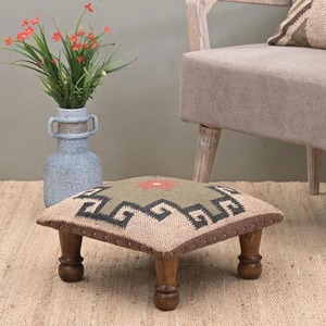 Southwestern Style Square Fabric <b>Pouf</b> With Geometric Pattern And Wooden Legs Handcrafted For Living Room Use - Product Image 4
