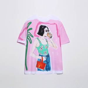 Camiseta estampada para mujer con gráfico de chica de verano, corte holgado, cuello redondo, manga corta, top informal de algodón - Product Image 3