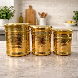 Juego de 3 Recipientes Redondos de Metal Dorado Martillado para Especias con Tapa, Contenedores Modernos para Almacenamiento de Alimentos - Product Image 1