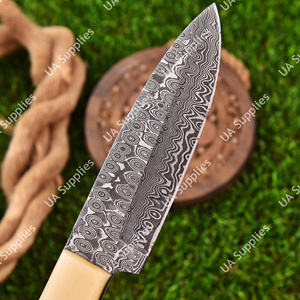 Couteau de chasse et de camping multifonctionnel à lame fixe en acier de Damas à motif goutte de pluie, manche en os de chameau, étui en cuir - Product Image 4