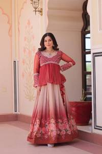 Falda Lehenga con Estampado Floral para Mujer, con Top Peplum Bordado, Ropa Étnica de Diseñador, Traje para Bodas y Fiestas Indias - Product Image 1
