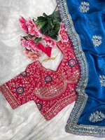 Sari de créateur Fendy en satin de soie brodé de sequins, avec travail Aari contrastant, entièrement cousu, pour mariage et soirée