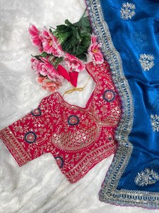 Sari de créateur Fendy en satin de soie brodé de sequins, avec travail Aari contrastant, entièrement cousu, pour mariage et soirée - Product Image 3
