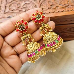 Coral Kemp Jhumka Chandelier Earrings-24K Gold Plated Zinc Alloy with Pearl and Ruby Ethnic Bohemian Style for Party - Product Image 2