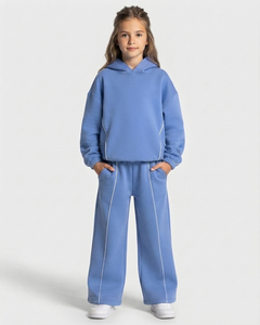 Conjunto Deportivo Extra Grande para Niñas en Azul Azure con Contraste Personalizado, Sudadera con Capucha de Felpa de Algodón y Pantalones Deportivos de Pierna Ancha, OEM y ODM - Product Image 1