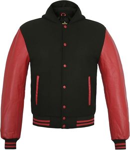 Chaqueta Varsity para Hombre, Negra y Roja, de Cuero Sintético, Cuello Camisero, Cierre de Botones, Corte Regular, Estilo Otoñal - Product Image 1