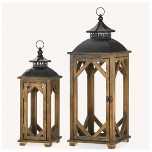 Set of 2 <b>Large</b> Rustic Wooden <b>Lanterns</b> with Metal Top Decorative Farmhouse <b>Floor</b> Candle Holders for Home Wedding and Outdoor - Product Image 3