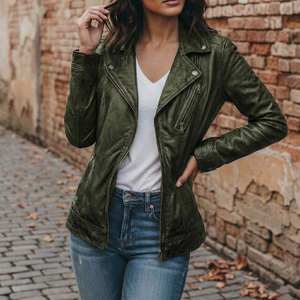 Chaqueta de cuero para mujer, material de piel auténtica, diseño moderno, ideal para uso en la ciudad, viajes y uso diario. - Product Image 2