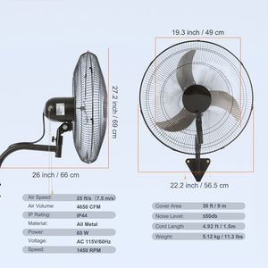 Ventilatore industriale da parete in metallo ad alta velocità da 20 pollici a 3 velocità Max. Ventilatore oscillante commerciale e residenziale da 4650 CFM con spina tipo AU - Product Image 4