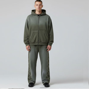 Ensemble de survêtement pour homme vert olive à capuche, sweat-shirt et pantalon à fermeture éclair intégrale avec motif étoile, coupe décontractée ample, 100 % coton - Product Image 2