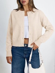 Cárdigan de punto corto beige para mujer, manga larga, cuello redondo, con botones, suéter informal - Product Image 6