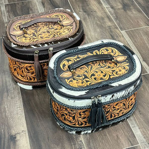 Wholesale Price Portable Hand Tooled Leather Makeup Box Travel Cosmetic Case Customized Logo Genuine Cowhide Leather Jewelry Box - Product Image 4