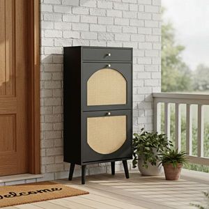Scarpiera Nera 54x24x110cm in Rattan con 1 Cassetto e 2 Scomparti Ribaltabili, Materiale in Truciolato - Product Image 1