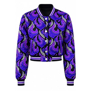 <b>Purple</b> Flame Print Men's Bomber <b>Jacket</b> Turn-down Collar Casual Autumn Wear Regular Fit Polyester Material Women Satin <b>Jackets</b> - Product Image 2