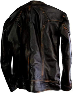 Chaqueta de Motociclista de Cuero Negra para Hombre, Cuello Camisero, Cierre de Cremallera, Color Sólido, para Otoño, Corte Ajustado, Manga Regular - Product Image 4