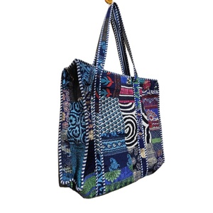 Custom Design Patchwork Quilted Silk Tote Bag Large Floral Pattern Women's Beach Shoulder Handbag blue color silk Bag - Product Image 2