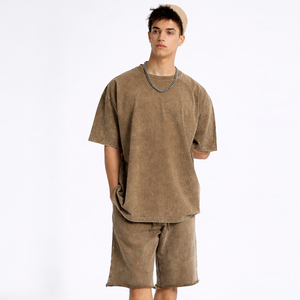 Ensemble T-shirt et short en coton tricoté lavé de haute qualité pour homme, coupe oversize, séchage rapide, survêtement streetwear personnalisé, ensemble décontracté d'été - Product Image 2
