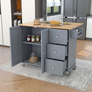 Îlot de cuisine mobile à roulettes avec plateau en bois massif, largeur 52,7 pouces, armoire de rangement, roues verrouillables, bar à petit-déjeuner, chariot de cuisine à plateau rabattable - Product Image 6