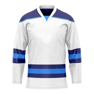 Custom Ice Hockey Jersey Men's <b>White</b> Blue Striped V-Neck Full Sleeve Moisture Wicking Polyester Sport Apparel - Product Image 4