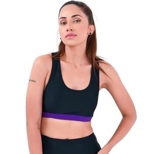 Women <b>Navy</b> Blue Sports Bra Racerback Crop <b>Top</b> Athletic Tank with Purple Band Sleeveless Workout Yoga Fitness Training - Product Image 1