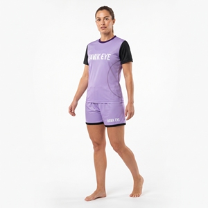 Conjunto de camiseta de fútbol para mujer, color morado, negro, manga corta, cuello redondo, top y pantalón corto, ropa deportiva para todas las estaciones - Product Image 3
