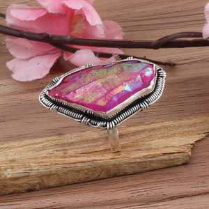 Bague en argent sterling 925 sertie de druzy rose scintillant en gros pour femmes, bijoux de déclaration scintillants en cristal pour les fêtes - Product Image 3