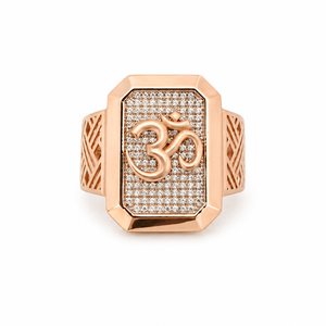 Bague Homme en Or Rose 18K avec Diamants Pavés et Symbole Om, Design Rectangulaire, Bijou de Luxe Religieux, Idéal pour Mariage, Fête, Quotidien, Cadeau - Product Image 1