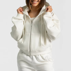 Sudadera con capucha extragrande cremosa para mujer, con cremallera, manga larga, color liso, de punto, forro polar de algodón, para otoño - Product Image 2