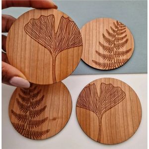 Handcrafted Natural Wood <b>Coasters</b> Set Laser Engraved Botanical Ginkgo Fern Design Rustic <b>Drink</b> <b>Coasters</b> for Home Decor <b>Coaster</b> - Product Image 1