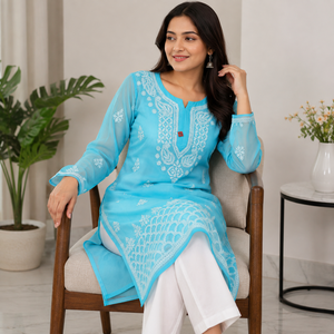Premium Sky <b>Blue</b> Hand Embroidered Georgette Lucknowi Chikankari Straight Kurti - Elegant Ethnic <b>Tunic</b> Top - Product Image 2