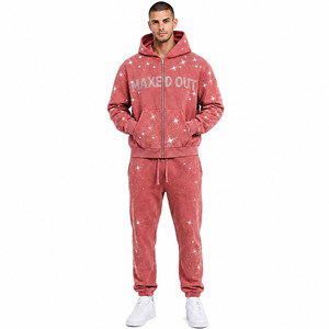 Custom Logo Heavyweight Rhinestone Hoodies Sets Y2K vintage washed Fleece Full Zip Hoodie and Jogger Sets High Quality Supplier - Product Image 1