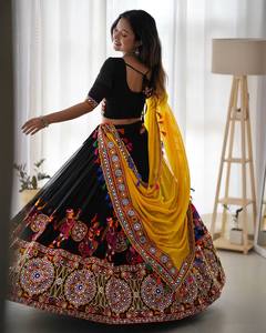 Mirror Work Faux Georgette <b>Lehenga</b> Choli Set Black Yellow Embroidered Ethnic Wear <b>Women</b> Traditional Indian Diwali Party - Product Image 5
