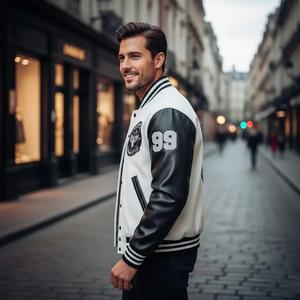 Veste universitaire blanche et noire pour homme – Veste en laine style Letterman avec manches en simili cuir, veste bomber de baseball - Product Image 4