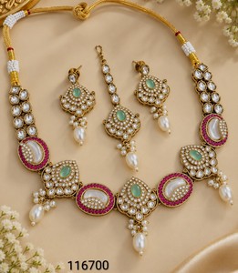 Elegante Juego de Joyería Kundan de Latón Chapado en Oro, Collar y Aretes con Perlas de Imitación, Joyería Nupcial para Regalo de Boda - Product Image 2