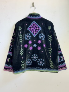 Black Velvet Floral Embroidered Suzani Jacket | Handmade Boho Folk Art <b>Coat</b> | Colorful Festival Outerwear - Product Image 5